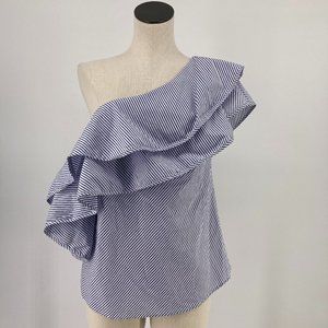 White House Black Market Top Ruffled One Shoulder Poplin Blue Size 12